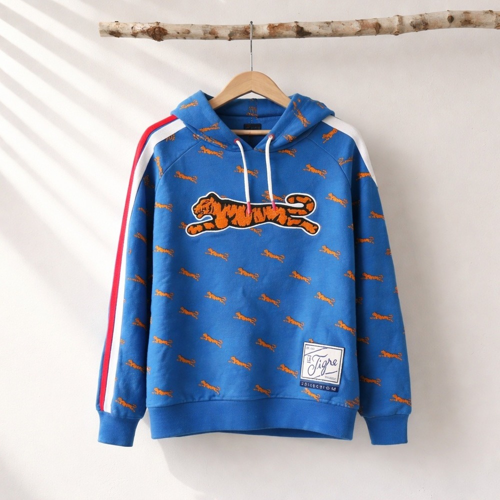 Le Tigre S Blue Tiger Print Boxy Cropped Hoodie Unisex Small SZ0KT037